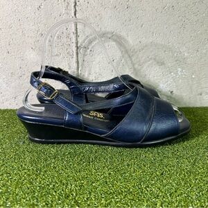 SAS Caress Navy Blue Leather Slingback Wedge Sandals Women’s 7 Wide